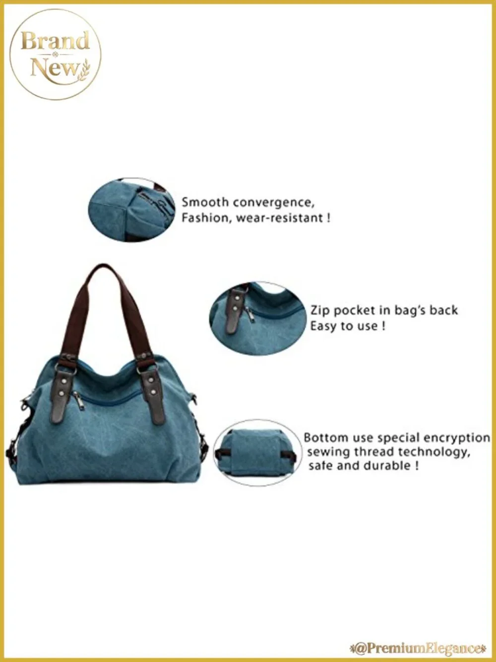 Canvas Vegan Leather Hobo Shoulder Tote with Adjustable Strap, Zip Pockets